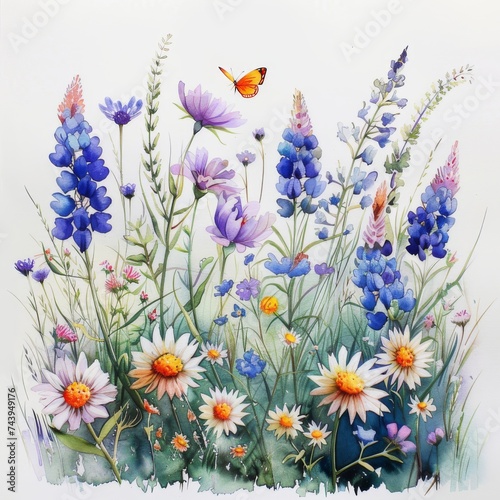 Watercolor Meadow of Wildflowers with Butterfly