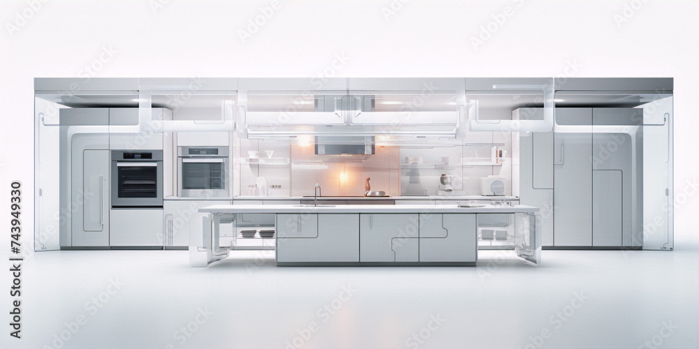 Fototapeta premium 3D rendering of a modern kitchen interior with white cabinets and a large island in the center.