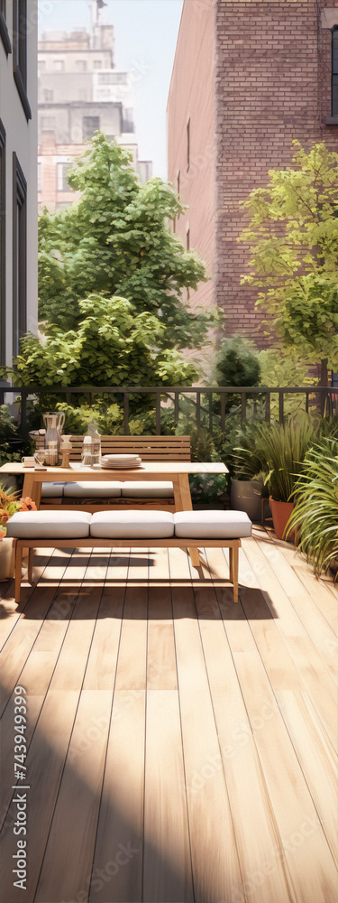 3d rendering of a rooftop terrace with a wooden floor, brick walls, and lots of plants