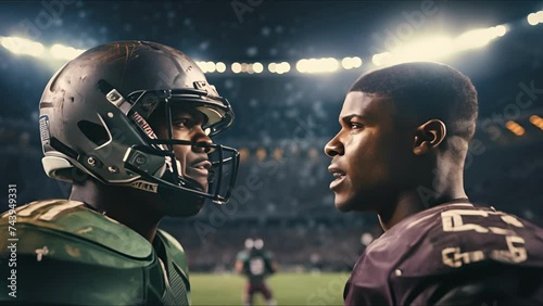 American football player looking to each other. Sportsmen in helmets on stadium in action. Sport and motivation concept. Ai-generated. photo