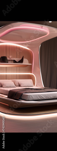 Pink and white futuristic bedroom interior with soft lighting and curved walls