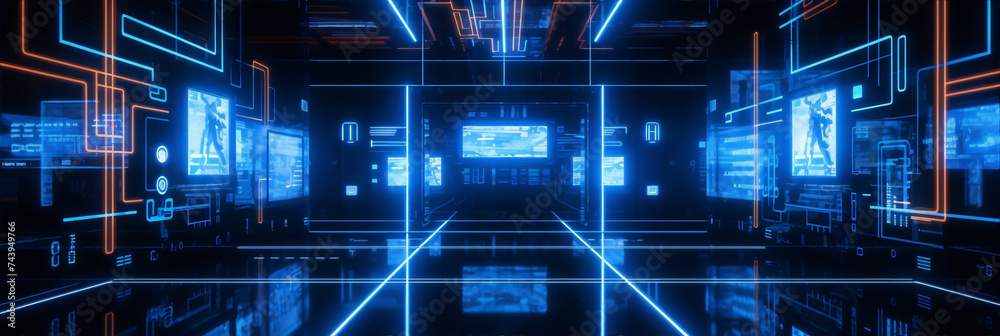 Futuristic Sci-Fi Technology Digital Tunnel With Blue And Orange Neon Glowing Lights