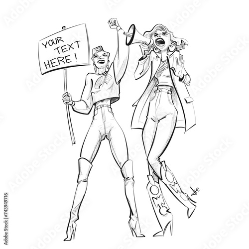 A same sex couple are marching or political demonstration. They are wearing trendy clothes  they are advocating for equal rights  gay rights  lgbtqia  causes. 