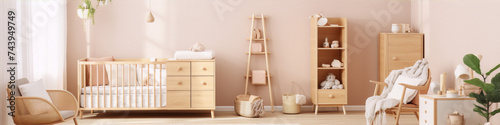 3D rendering of a cozy nursery with wooden furniture and neutral colors in Scandinavian style