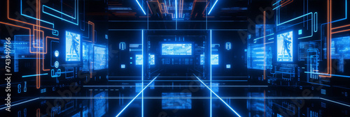 Futuristic Sci-Fi Technology Digital Tunnel With Blue And Orange Neon Glowing Lights