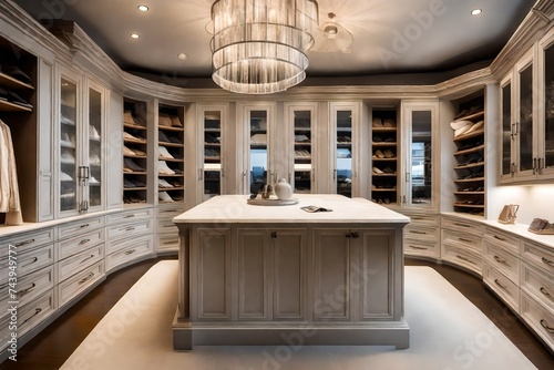 An elegant walk-in closet with custom cabinetry, LED lighting, and a center island for accessories