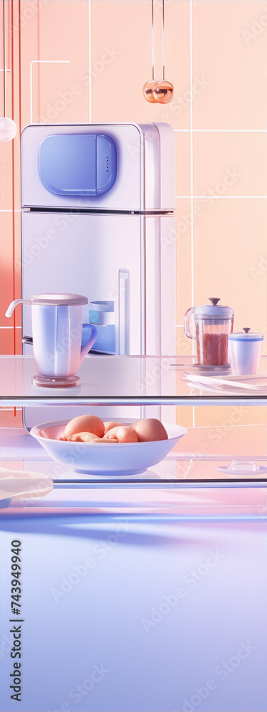 3D rendering of a kitchen interior with a fridge, blender, and bowl of fruit in a pink and blue color scheme. 3D rendering of a kitchen interior with a fridge, blender, and bowl of fruit in a pink and blue color scheme.
