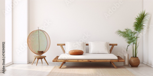 Minimalistic interior with natural materials and colors, featuring a wooden sofa, a wicker chair, and a potted palm tree.