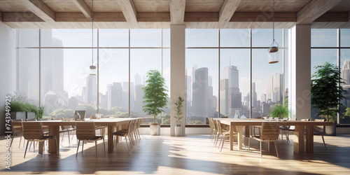 Office interior with wooden tables and chairs, plants, and a city view. photo