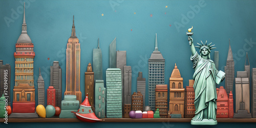 3D illustration of a New York City skyline with the Statue of Liberty, made of clay or plasticine photo