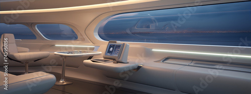 Futuristic interior of a spaceship with a large window and a control panel.