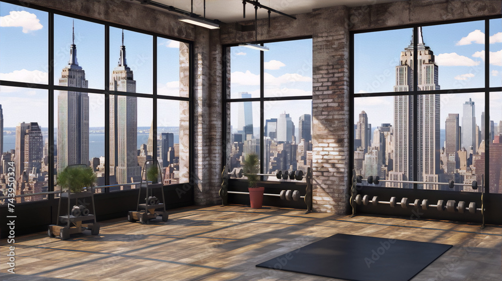 Cityscape view from a modern fitness club with large windows