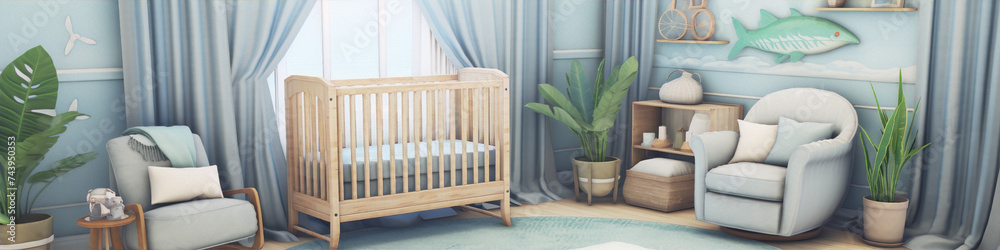 3D rendering of a cozy coastal nursery with a crib, rocking chair, and plants in a soft blue and green color scheme. 3D rendering of a cozy coastal nursery with a crib, rocking chair, and plants in a soft blue and green color scheme.
