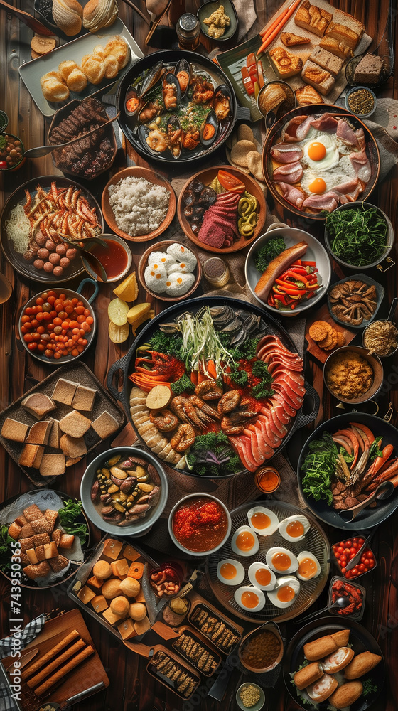 Variety of Food Items Arranged on Table - Top Down View