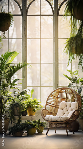 A bright sunlit conservatory with a comfortable wicker chair and lots of lush green plants.