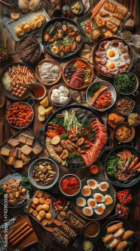 Variety of Food Items Arranged on Table - Top Down View © Lucas