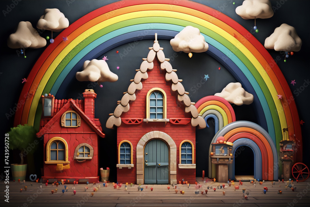 3d illustration of a rainbow over a whimsical village with brightly colored houses and a rainbow leading to a magical land.