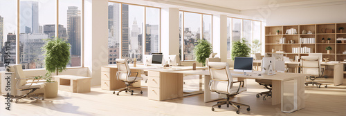 Office interior design in a modern style with large windows, plants, and a city view.