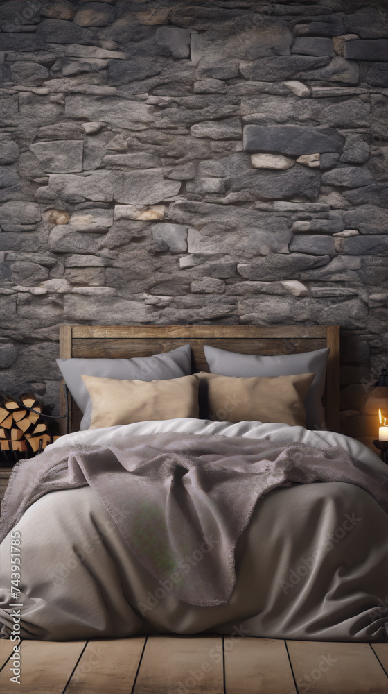 A cozy bedroom with a stone wall, wooden bed, and soft bedding in neutral colors.