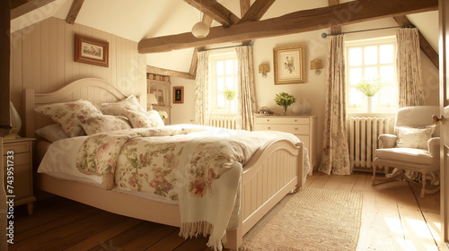 Charming Cottage Bedroom with Floral Bedding and Soft Natural Lighting
