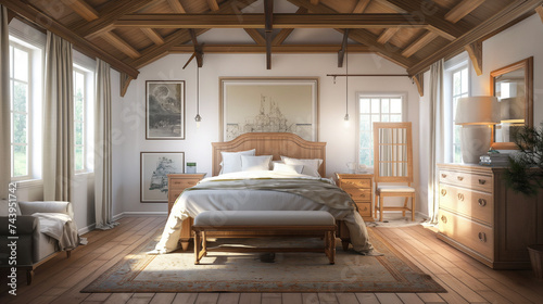 Elegant Country Bedroom with Polished Wood Furniture and Classic Art
