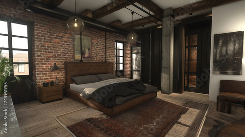 Loft Bedroom with Exposed Brick, Modern Art, and Trendy Industrial Accents
