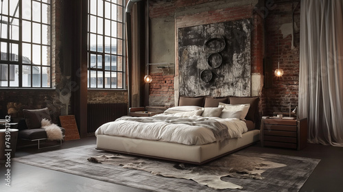 Urban Industrial Bedroom with Soft Textures and Eclectic Wall Art
