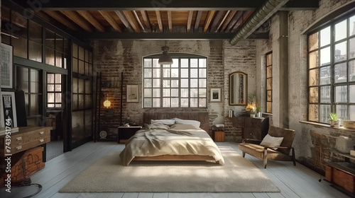 Stylish Industrial Loft Bedroom with Metal Accents and Urban Panorama
