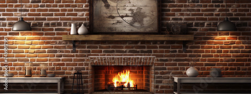 A brick fireplace with a wooden mantel and a painting of a map above it. There are two tables in front of the fireplace with lamps, vases, and plates on them. photo