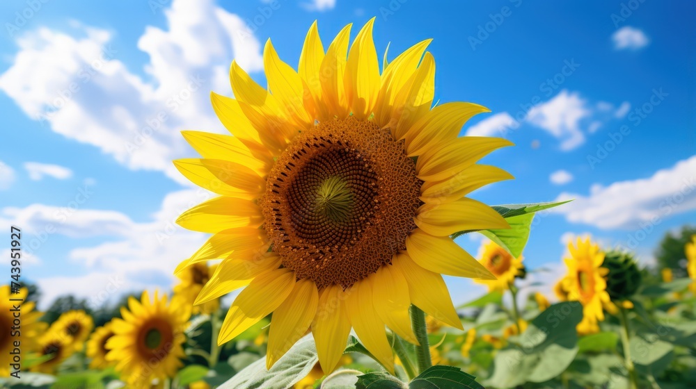 Sunflowers in a Sunflower Field against a Clear Blue Sky