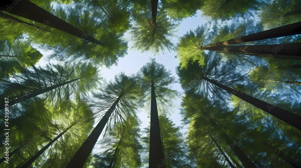 Looking up at the green forest, trees with green leaves, blue sky and sunshine Looking up at the green forest, trees with green leaves, blue sky and sunshine