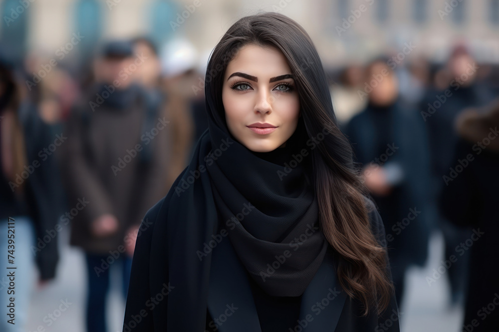 Woman in a black coat and scarf on a city street Woman in a black coat and scarf on a city street