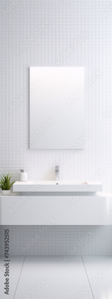 Fototapeta premium 3D rendering of a modern bathroom interior with white ceramic tiles, sink, and mirror.
