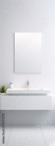 3D rendering of a modern bathroom interior with white ceramic tiles  sink  and mirror.