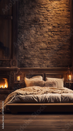 Cozy bedroom with brick walls, fireplace and wooden furniture, 3D rendering