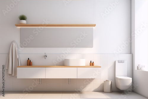 Bathroom interior in a minimalist style with white walls and brown wooden elements