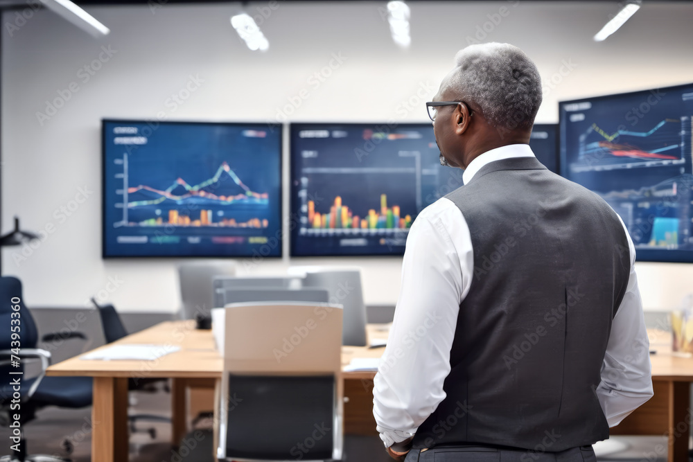Back view of senior Afro American businessman standing in the office looking at business report charts, CEO analyzing business performance at modern office, copy space for text Back view of senior Afro American businessman standing in the office looking at business report charts, CEO analyzing business performance at modern office, copy space for text