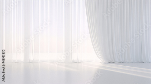 White flowing fabric curtains in a bright white room with a white floor.