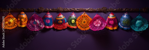vibrant colorful mexican paper picado banners hanging on purple wall photo