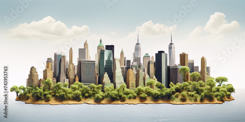 Cityscape of New York City with skyscrapers and lush green trees on a small island floating in the ocean.
