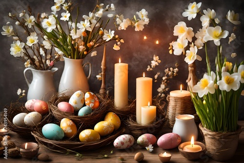 easter home decor with flowers  eggs  burning candles