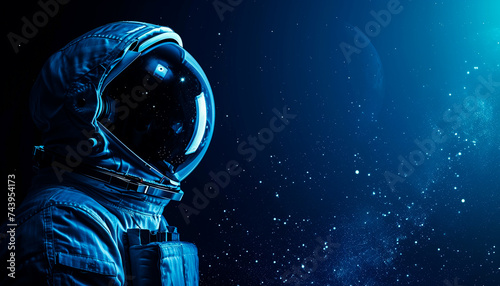 An astronaut in outer space looks into the distance against the background of dark blue space and stars, in profile close-up, free space for text photo