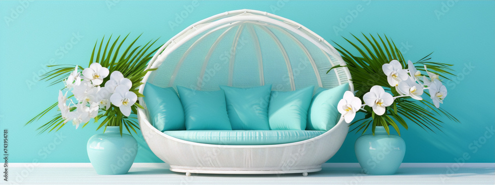 3d rendering of a white wicker pod chair with blue cushions and tropical plants in blue pots against a blue background. - obrazy, fototapety, plakaty 