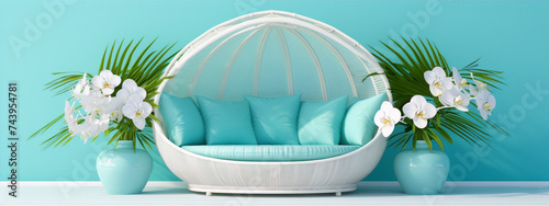 3d rendering of a white wicker pod chair with blue cushions and tropical plants in blue pots against a blue background.