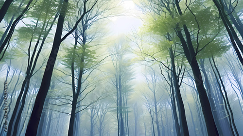 Looking up at the green forest  trees with green leaves  blue sky and sunshine