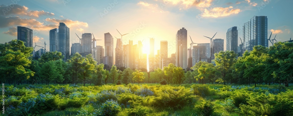 custom made wallpaper toronto digitalGreen energy solutions in a future city with solar panels and wind turbines integrated into skyscrapers