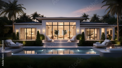 Luxury Nighttime Pool Reflections amidst Palms,pool at night with palms in the exterior of  luxury  house,Luxurious home exterior Evening Escape by the Pool,Serene Tropical Getaway Among Palms © Shani Studio
