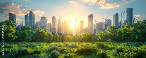 Green energy solutions in a future city with solar panels and wind turbines integrated into skyscrapers