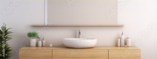 Bathroom vanity with round sink  mirror and plants in pots on the wooden countertop in the bathroom  3d render