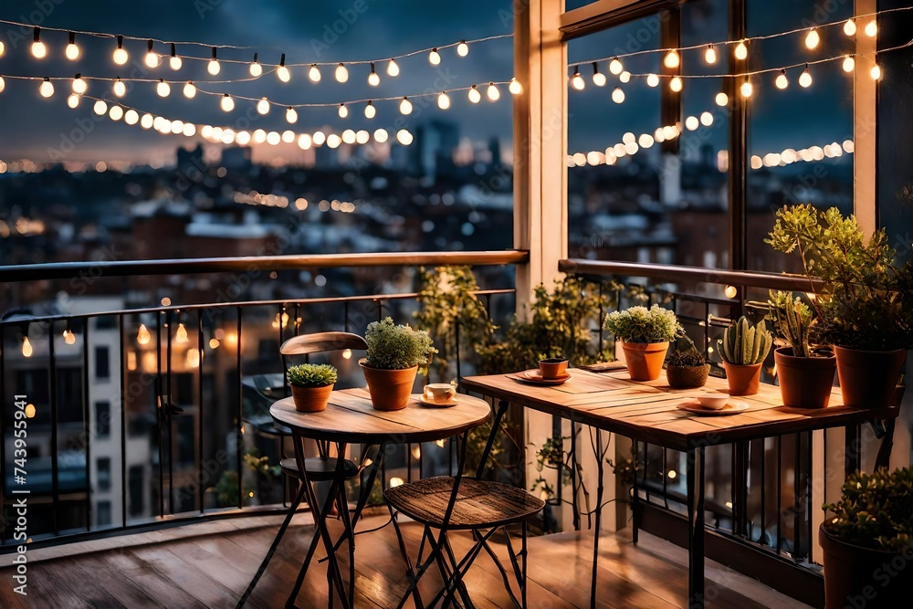 A tranquil balcony with a small bistro set, potted succulents, and string lights against a backdrop of city lights